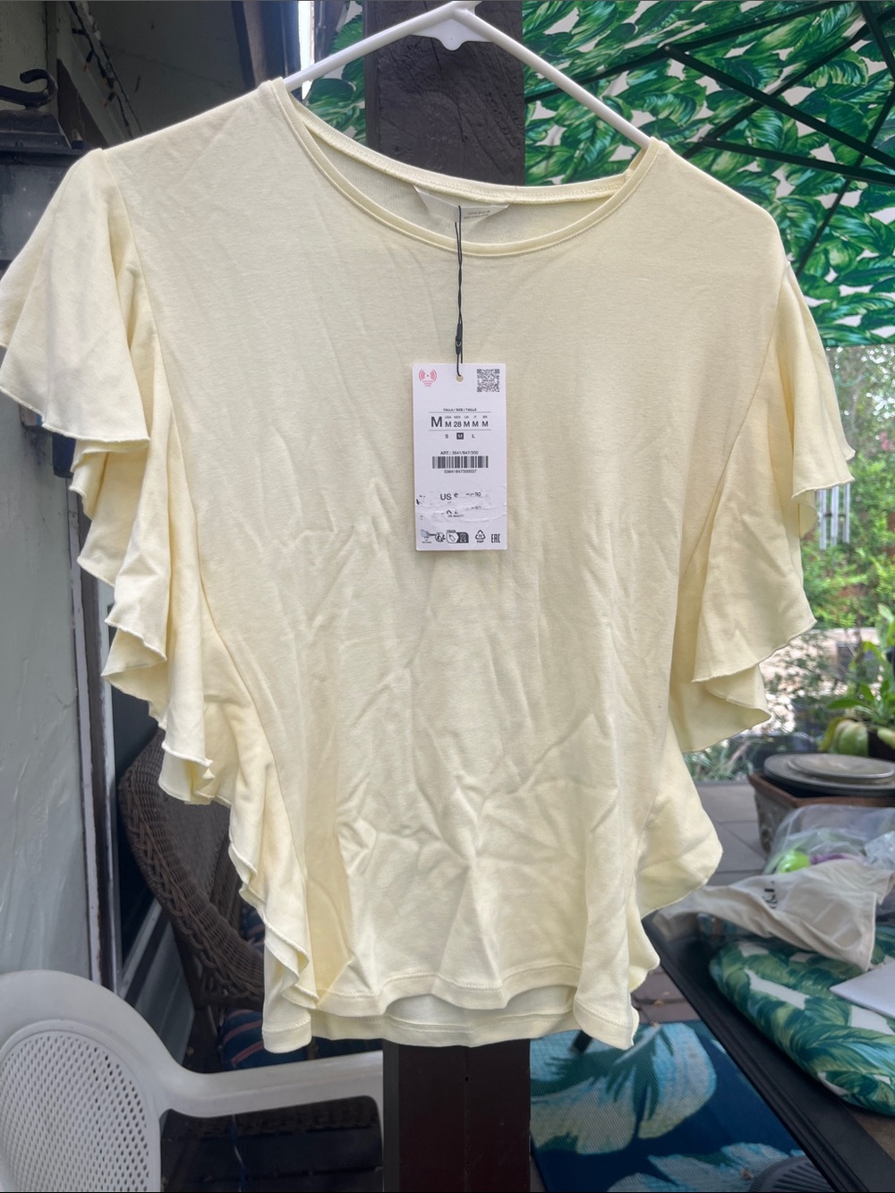 Zara NWT MODAL & COTTON Light Yellow Ruffle Sleeve Women's Top 17” p2p